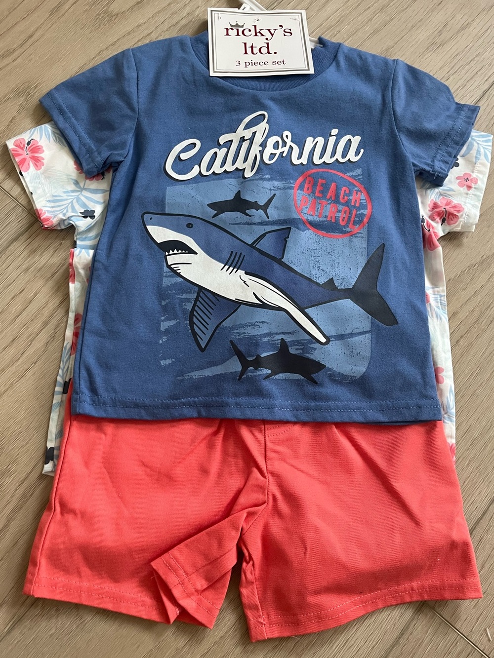 Ricki's boys 3-Piece Floral Shirt Set coral shorts and blue California t-shirt
